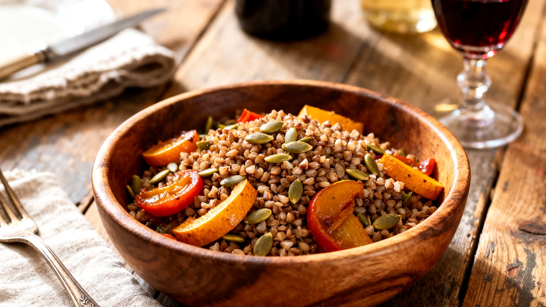 Salade de sarrasin grillé (kasha) aux légumes marinés et graines de courge"